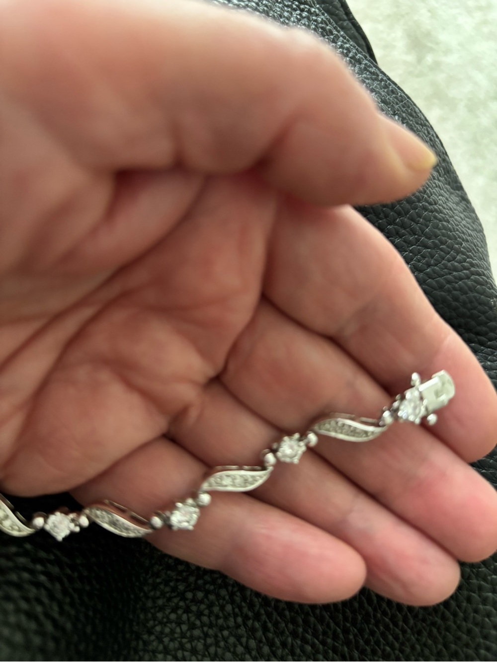 Vintage Silvertone Wavy Link Bracelet with Crystal and CZ Accents